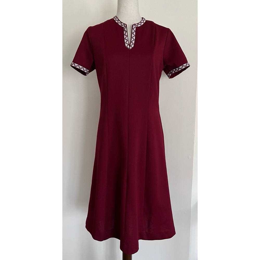Vintage 60s Double Knit Polyester Dress Princess Cut Split V Neck Burgundy Sz M